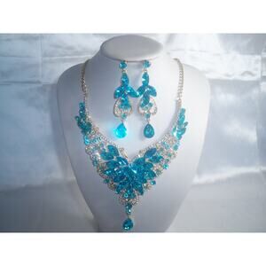 Aqua rhinestone necklace set, blue necklace, prom necklace, pageant necklace
